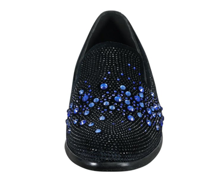 Amali Ivano Men’S Black And Royal Blue Rhinestone Luxe Velvet Loafers Smoking Slippers by Amali – Don't Panic Shoes
