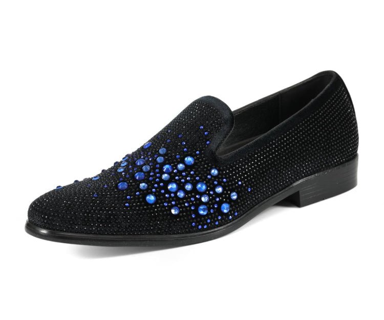 Amali Ivano Men’S Black And Royal Blue Rhinestone Luxe Velvet Loafers Smoking Slippers by Amali – Don't Panic Shoes