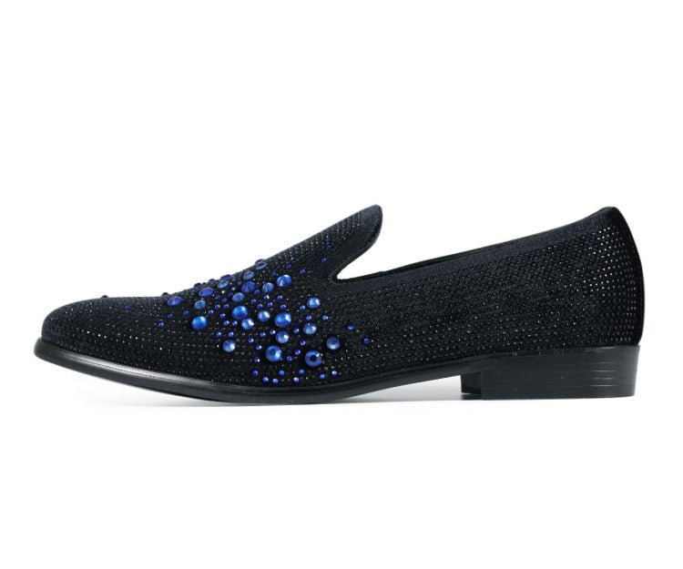 Amali Ivano Men’S Black And Royal Blue Rhinestone Luxe Velvet Loafers Smoking Slippers by Amali – Don't Panic Shoes