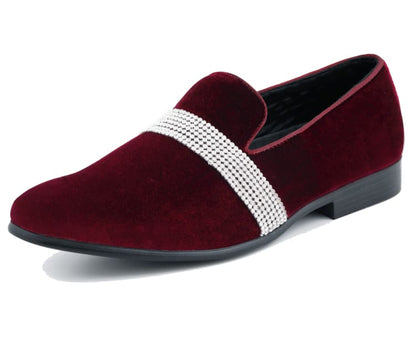 Amali Monarch Dazzling Burgundy Rhinestone Loafers Men's Velvet Smoking Slippers by Amali – Don't Panic Shoes