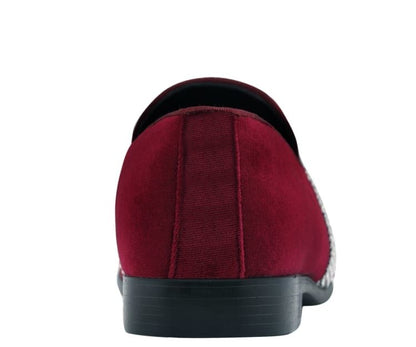 Amali Monarch Dazzling Burgundy Rhinestone Loafers Men's Velvet Smoking Slippers by Amali – Don't Panic Shoes