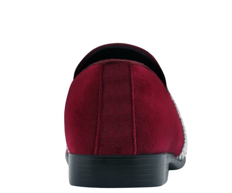Amali Monarch Dazzling Burgundy Rhinestone Loafers Men's Velvet Smoking Slippers by Amali – Don't Panic Shoes