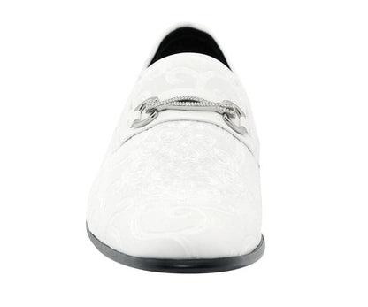 Amali Throne Men’S White Velvet Leather Loafers With Paisley Pattern Smoking Slippers by Amali – Don't Panic Shoes