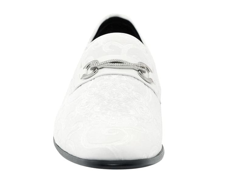 Amali Throne Men’S White Velvet Leather Loafers With Paisley Pattern Smoking Slippers by Amali – Don't Panic Shoes