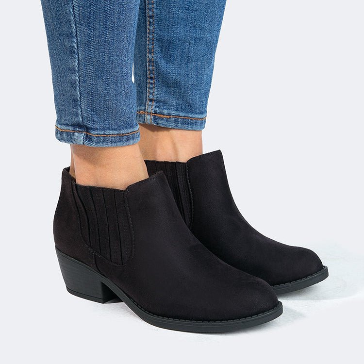 Arlo | Black Suede Booties by J.Adams – Don't Panic Shoes