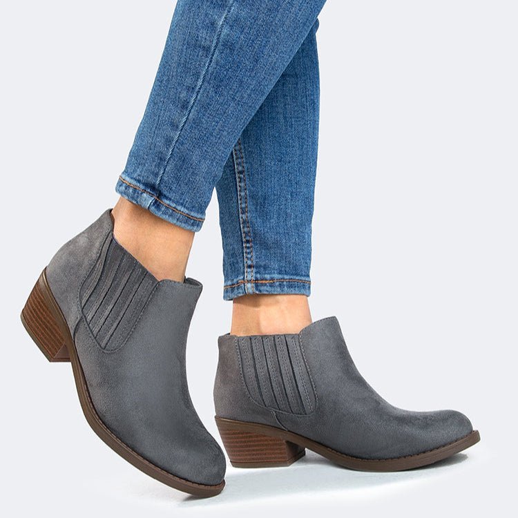 Arlo | Charcoal Suede Booties by J.Adams – Don't Panic Shoes