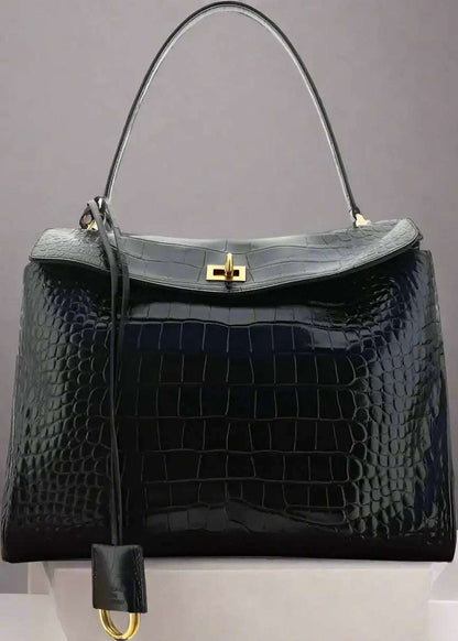 Balenciaga Rodeo midnight blue Medium Handbag in Croc-effect embossed leather