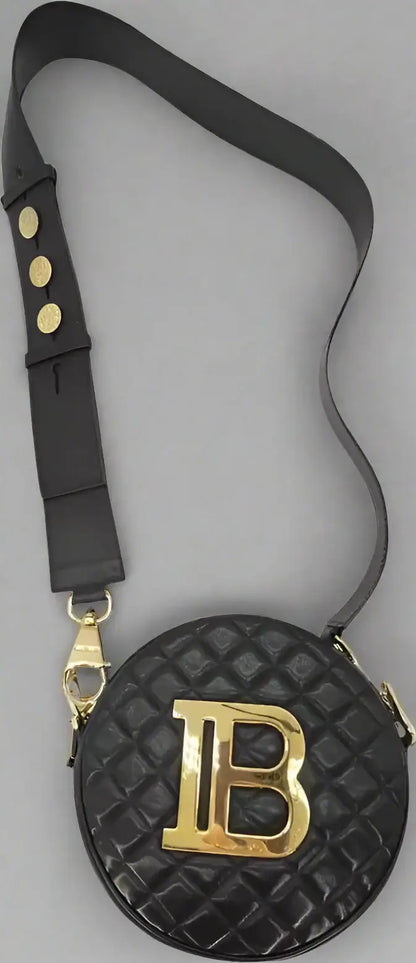 BALMAIN Black Leather Crossbody Bag with gold tone logo