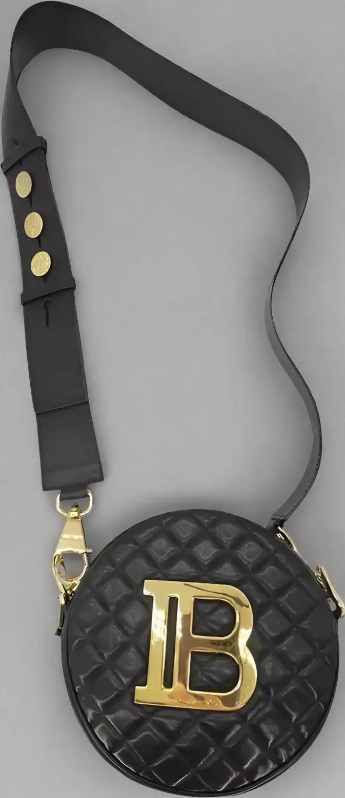 BALMAIN Black Leather Crossbody Bag with gold tone logo