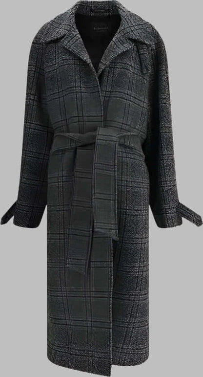 BALENCIAGA women's belted Wool Check long Coat