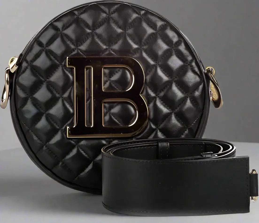BALMAIN Black Leather Crossbody Bag with gold tone logo