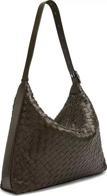 Bottega Veneta Traveller Medium Intrecciato Leather Hobo Bag Khaki