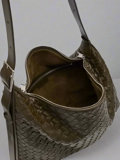 Bottega Veneta Traveller Medium Intrecciato Leather Hobo Bag Khaki