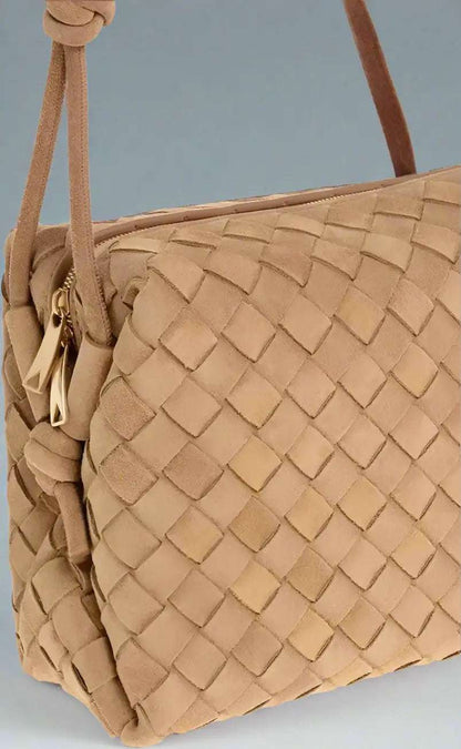 Bottega Veneta Intrecciato Woven Suede Crossbody Bag Brown