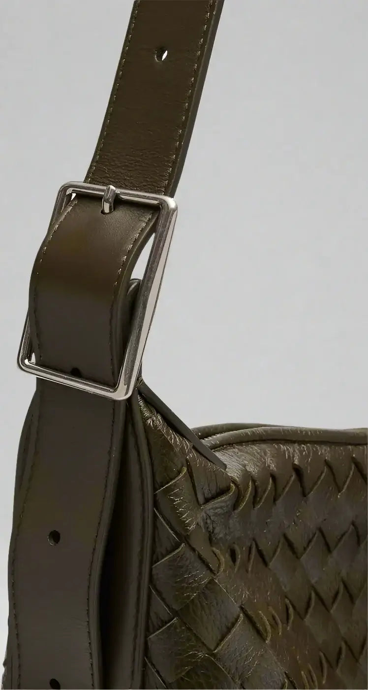 Bottega Veneta Traveller Medium Intrecciato Leather Hobo Bag Khaki