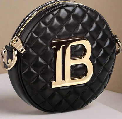 BALMAIN Black Leather Crossbody Bag with gold tone logo