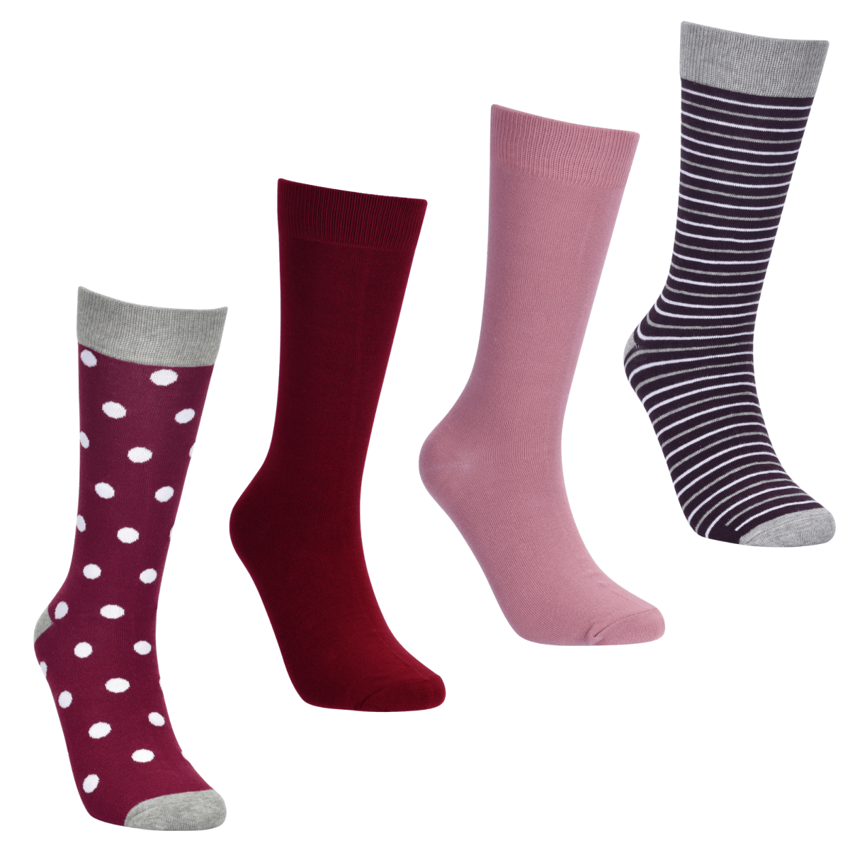 Berry Lux Sock Bundle Four Pack Luscious Berry Inspired Polka Dot Solid And Striped Crew Socks Socks by No Cold Feet – Don't Panic Shoes