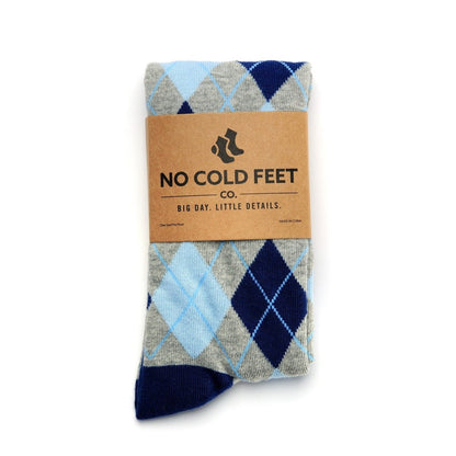 Blue And Grey Argyle Dress Socks Classic Cotton Blend Crew Socks Comfortable Breathable Stylish For Men And Women Socks by No Cold Feet – Don't Panic Shoes