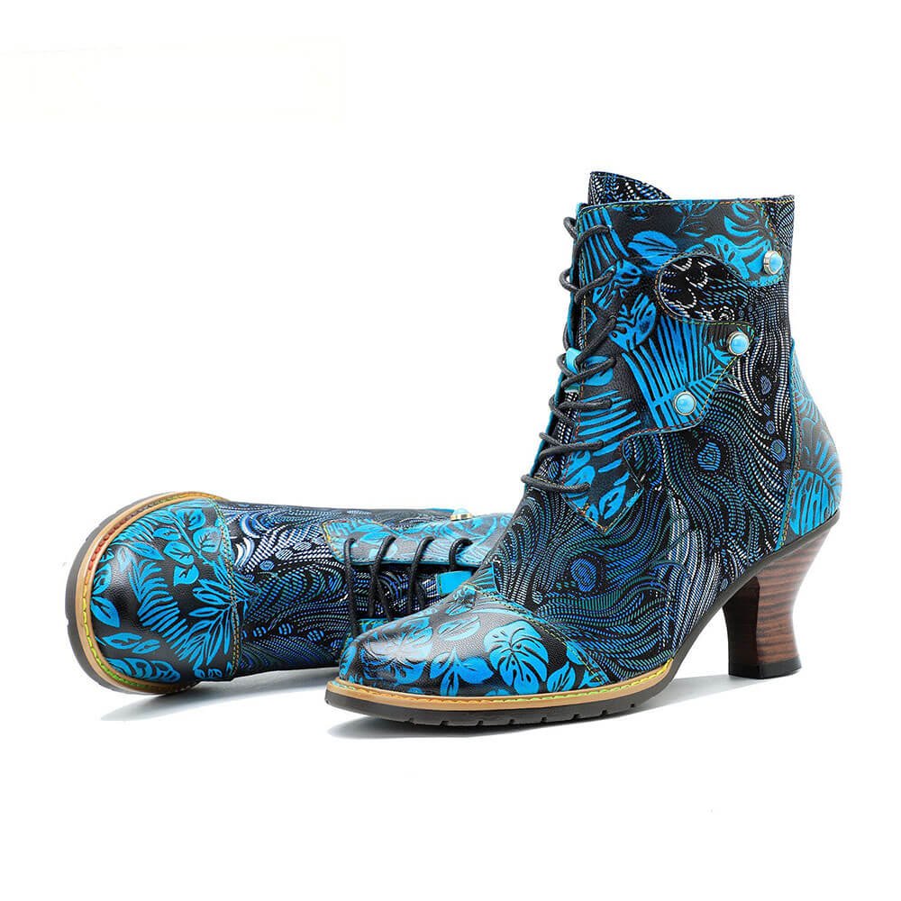 Blue Embossed Leather And Warm Brocade Comfy Ankle Boots Shoes by Colorstepshoes – Don't Panic Shoes