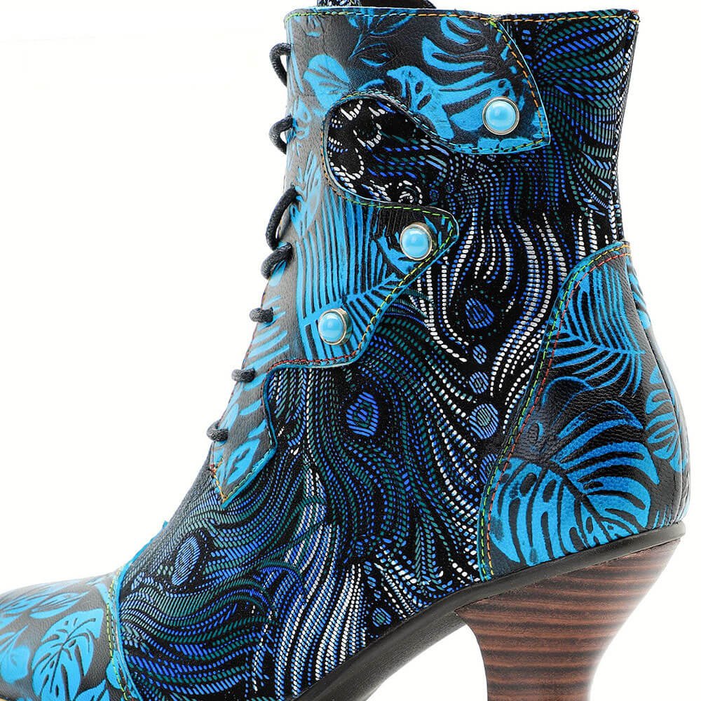 Blue Embossed Leather And Warm Brocade Comfy Ankle Boots Shoes by Colorstepshoes – Don't Panic Shoes