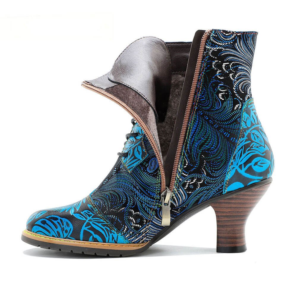 Blue Embossed Leather And Warm Brocade Comfy Ankle Boots Shoes by Colorstepshoes – Don't Panic Shoes