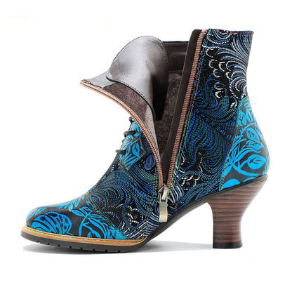 Blue Embossed Leather And Warm Brocade Comfy Ankle Boots Shoes by Colorstepshoes – Don't Panic Shoes