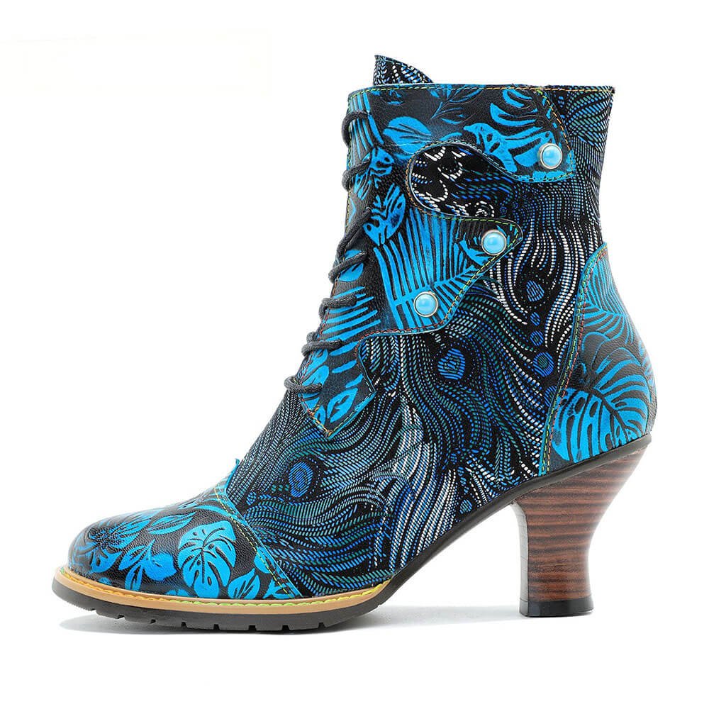 Blue Embossed Leather And Warm Brocade Comfy Ankle Boots Shoes by Colorstepshoes – Don't Panic Shoes