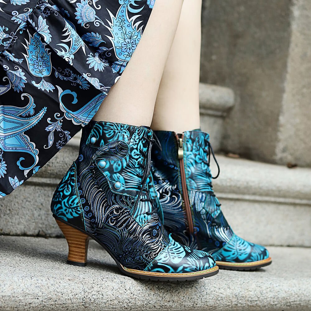 Blue Embossed Leather And Warm Brocade Comfy Ankle Boots Shoes by Colorstepshoes – Don't Panic Shoes