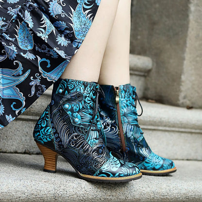 Blue Embossed Leather And Warm Brocade Comfy Ankle Boots Shoes by Colorstepshoes – Don't Panic Shoes