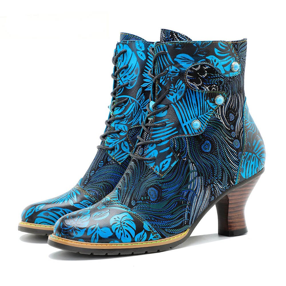 Blue Embossed Leather And Warm Brocade Comfy Ankle Boots Shoes by Colorstepshoes – Don't Panic Shoes