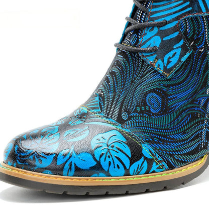 Blue Embossed Leather And Warm Brocade Comfy Ankle Boots Shoes by Colorstepshoes – Don't Panic Shoes