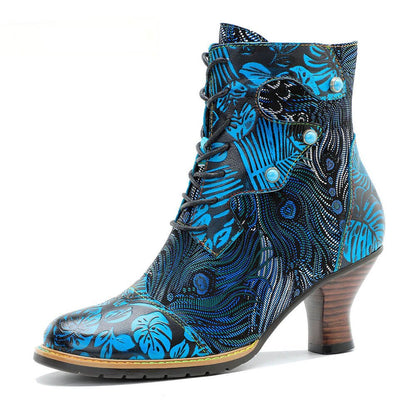 Blue Embossed Leather And Warm Brocade Comfy Ankle Boots Shoes by Colorstepshoes – Don't Panic Shoes