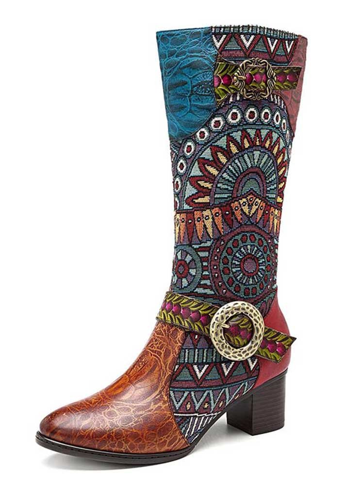 Bohemian Leather Splicing Pattern High Tube Boots Boots by Colorstepshoes – Don't Panic Shoes