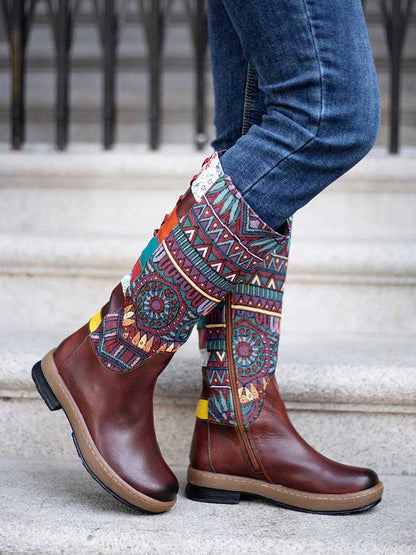 Bohemian Leather Splicing Pattern High Tube Boots Boots by Colorstepshoes – Don't Panic Shoes