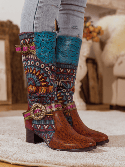 Bohemian Leather Splicing Pattern High Tube Boots Boots by Colorstepshoes – Don't Panic Shoes