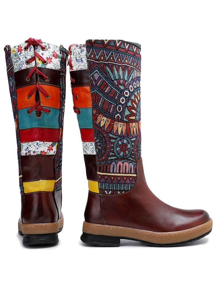Bohemian Leather Splicing Pattern High Tube Boots Boots by Colorstepshoes – Don't Panic Shoes
