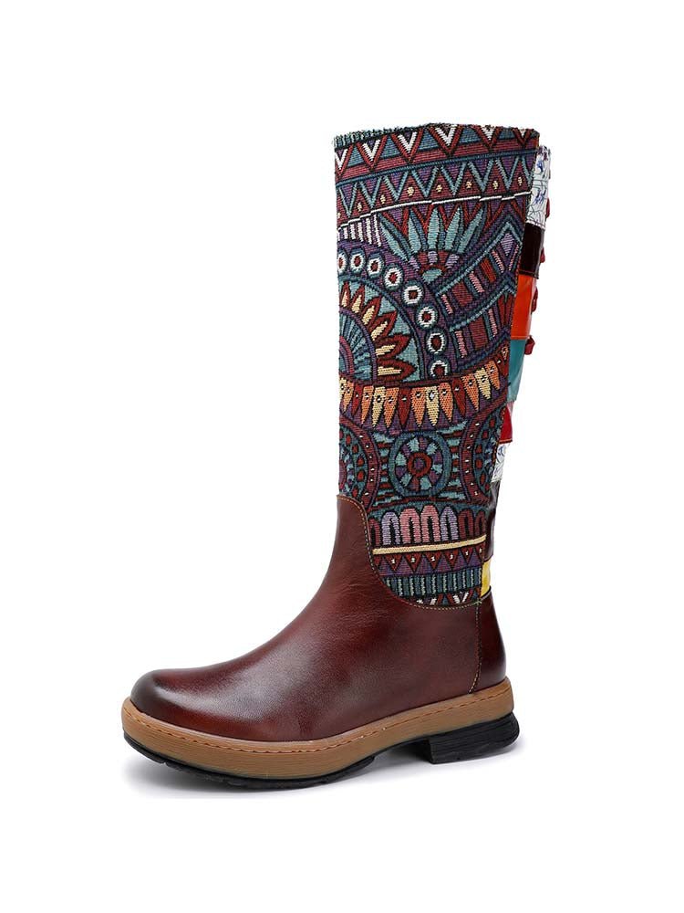 Bohemian Leather Splicing Pattern High Tube Boots Boots by Colorstepshoes – Don't Panic Shoes