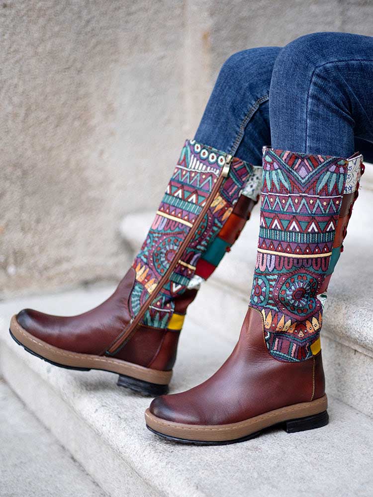 Bohemian Leather Splicing Pattern High Tube Boots Boots by Colorstepshoes – Don't Panic Shoes