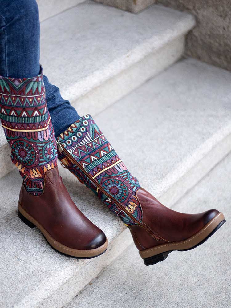 Bohemian Leather Splicing Pattern High Tube Boots Boots by Colorstepshoes – Don't Panic Shoes