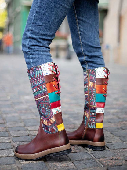 Bohemian Leather Splicing Pattern High Tube Boots Boots by Colorstepshoes – Don't Panic Shoes
