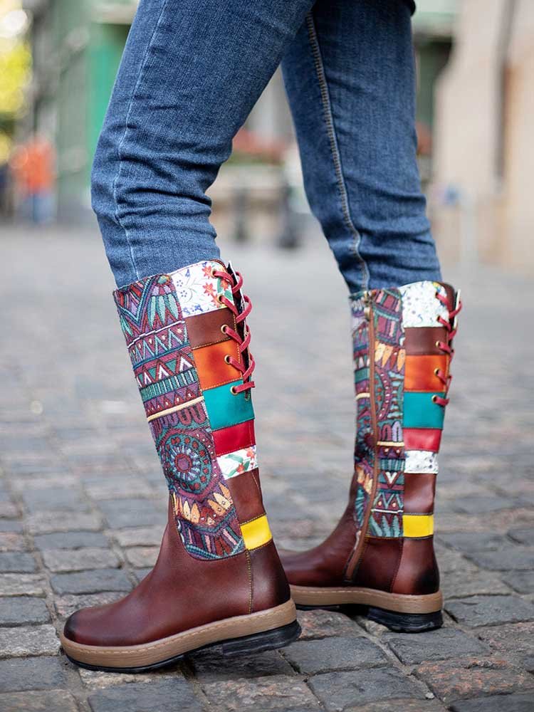 Bohemian Leather Splicing Pattern High Tube Boots Boots by Colorstepshoes – Don't Panic Shoes