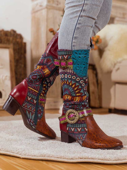 Bohemian Leather Splicing Pattern High Tube Boots Boots by Colorstepshoes – Don't Panic Shoes