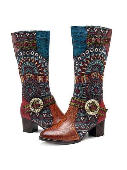 Bohemian Leather Splicing Pattern High Tube Boots Boots by Colorstepshoes – Don't Panic Shoes