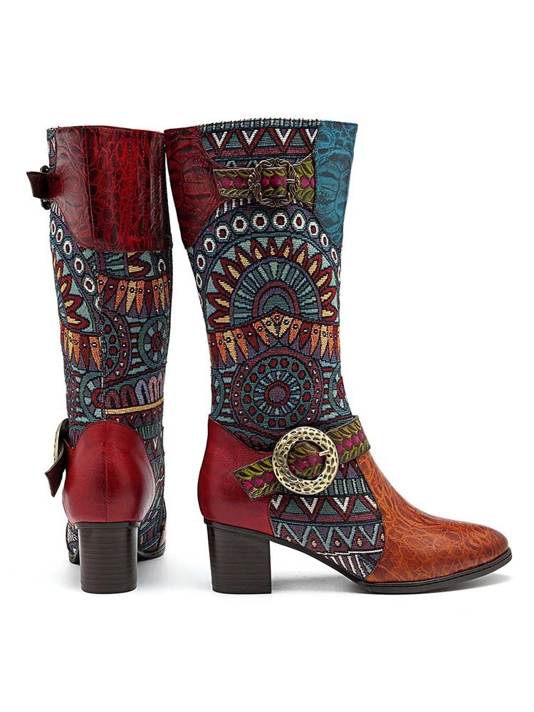 Bohemian Leather Splicing Pattern High Tube Boots Boots by Colorstepshoes – Don't Panic Shoes
