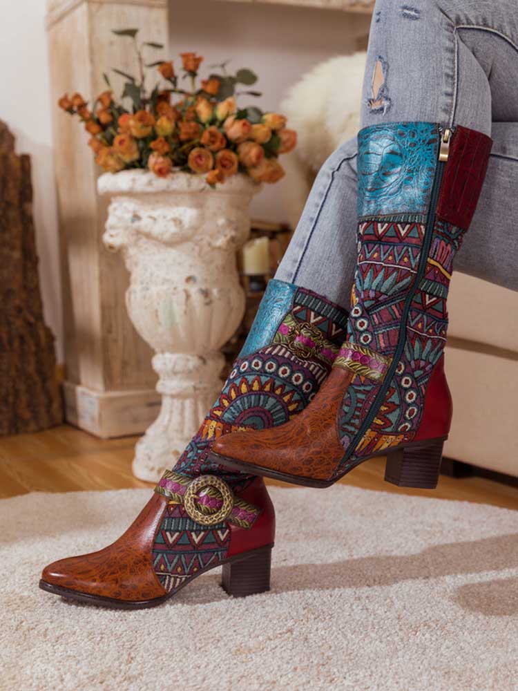 Bohemian Leather Splicing Pattern High Tube Boots Boots by Colorstepshoes – Don't Panic Shoes