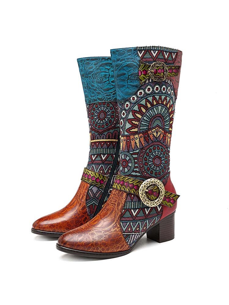 Bohemian Leather Splicing Pattern High Tube Boots Boots by Colorstepshoes – Don't Panic Shoes