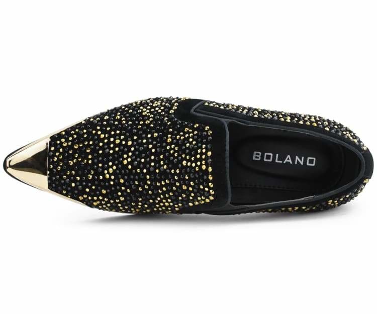Bolano Desta Black/Gold Men's Rhinestone Loafers With Metal Tip Smoking Slippers by Bolano – Don't Panic Shoes