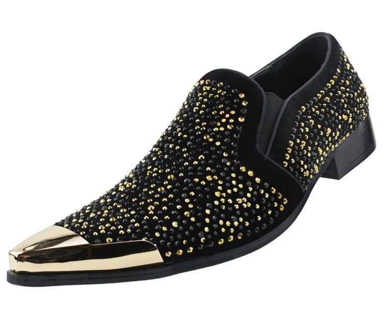 Bolano Desta Black/Gold Men's Rhinestone Loafers With Metal Tip Smoking Slippers by Bolano – Don't Panic Shoes