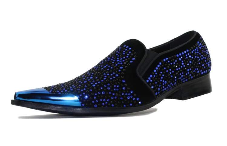 Bolano Desta Men's Rhinestone Loafer Black/Royal Blue Smoking Slippers by Bolano – Don't Panic Shoes