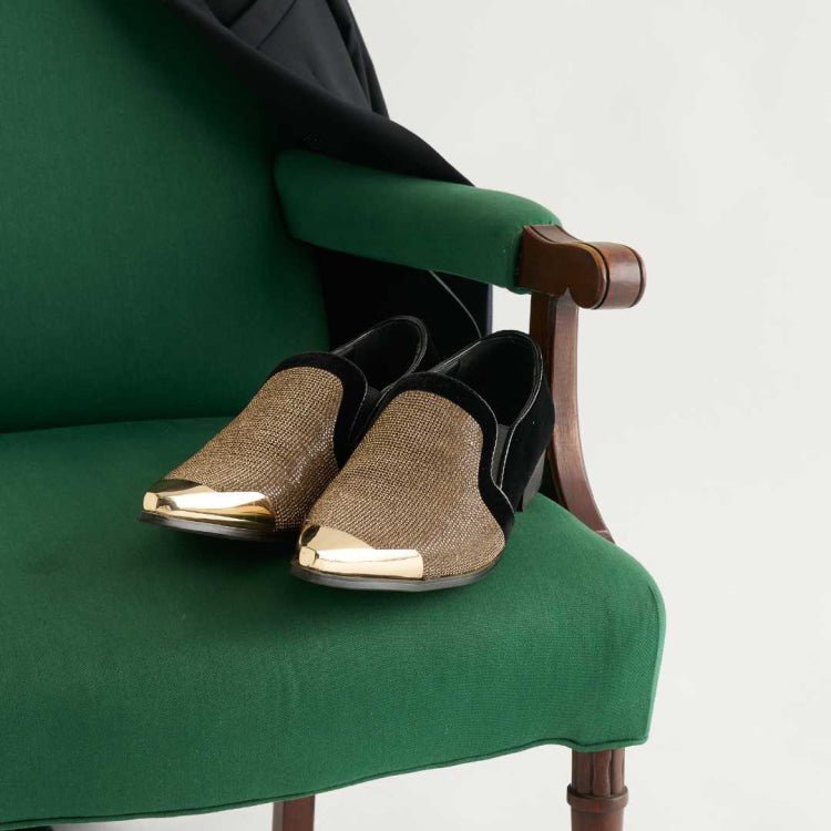 Bolano Dezzy Sparkling Gold Glitter Men's Tuxedo Slip On Dress Shoes Smoking Slippers by Bolano – Don't Panic Shoes